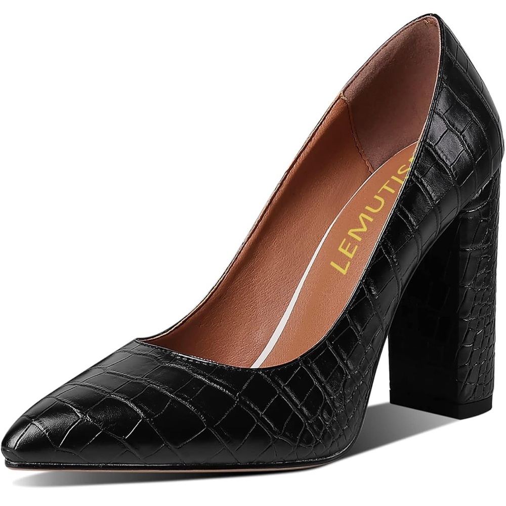 Women Chunky High Heel Pumps Pointed Closed Toe Snakeskin Black Matte Size: 4